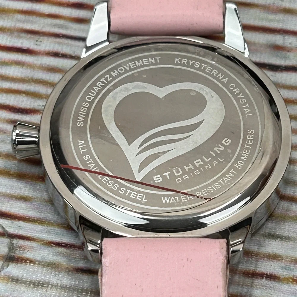 Stuhrling Original Ladies Pink Leather Watch Mother of Pearl Love Heart Dial NIB